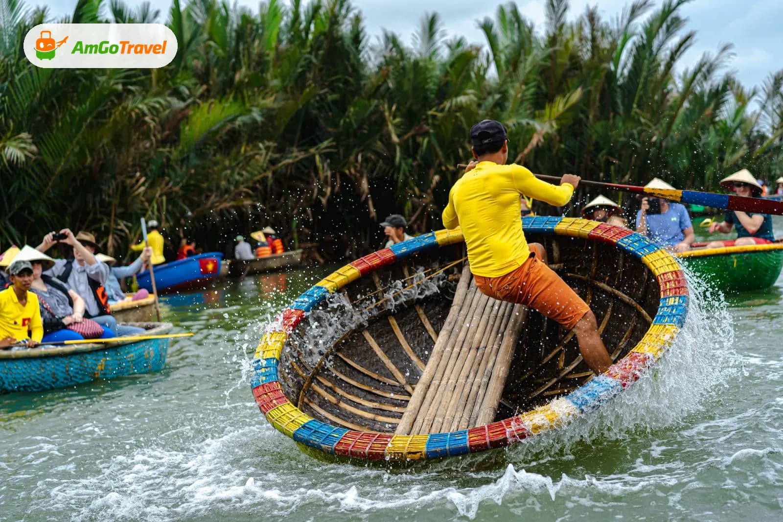 Boatman spinning a basket boat in the coconut jungle near Hoi An