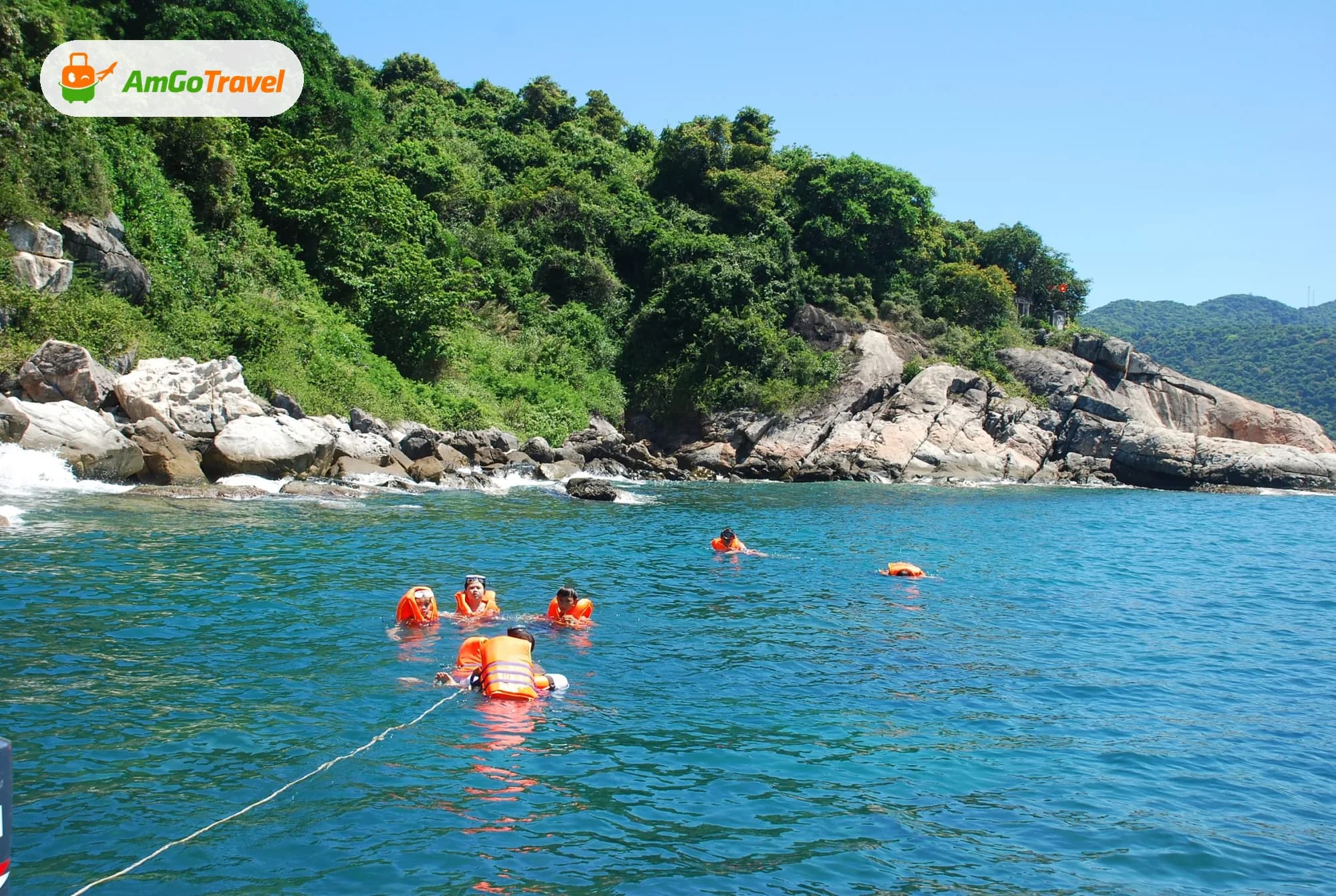 Snorkellers in clear blue water off a green island
