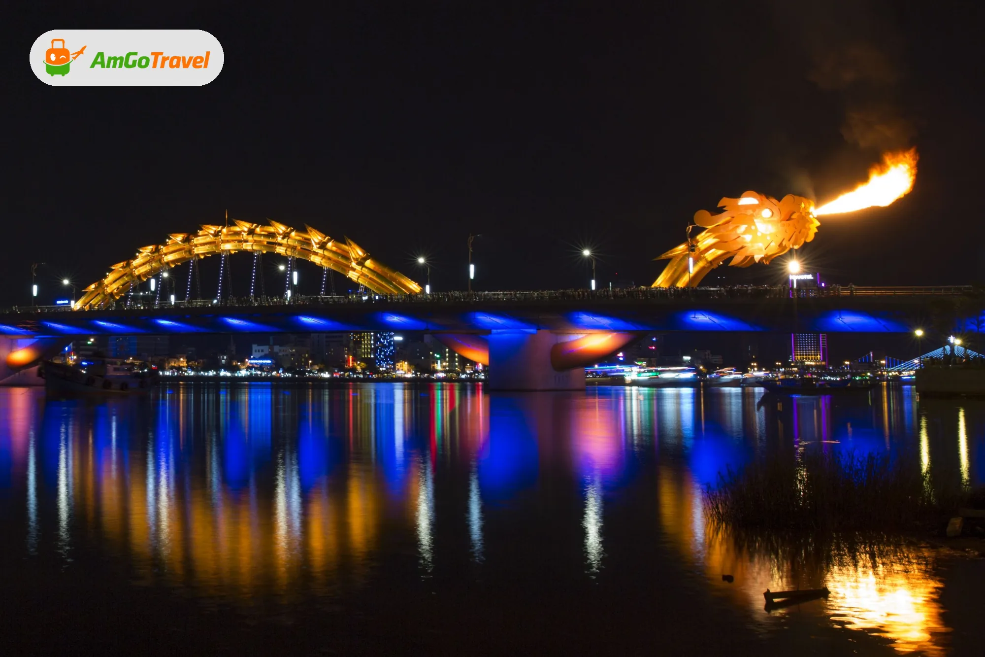 Da Nang Dragon Bridge breathing fire at night