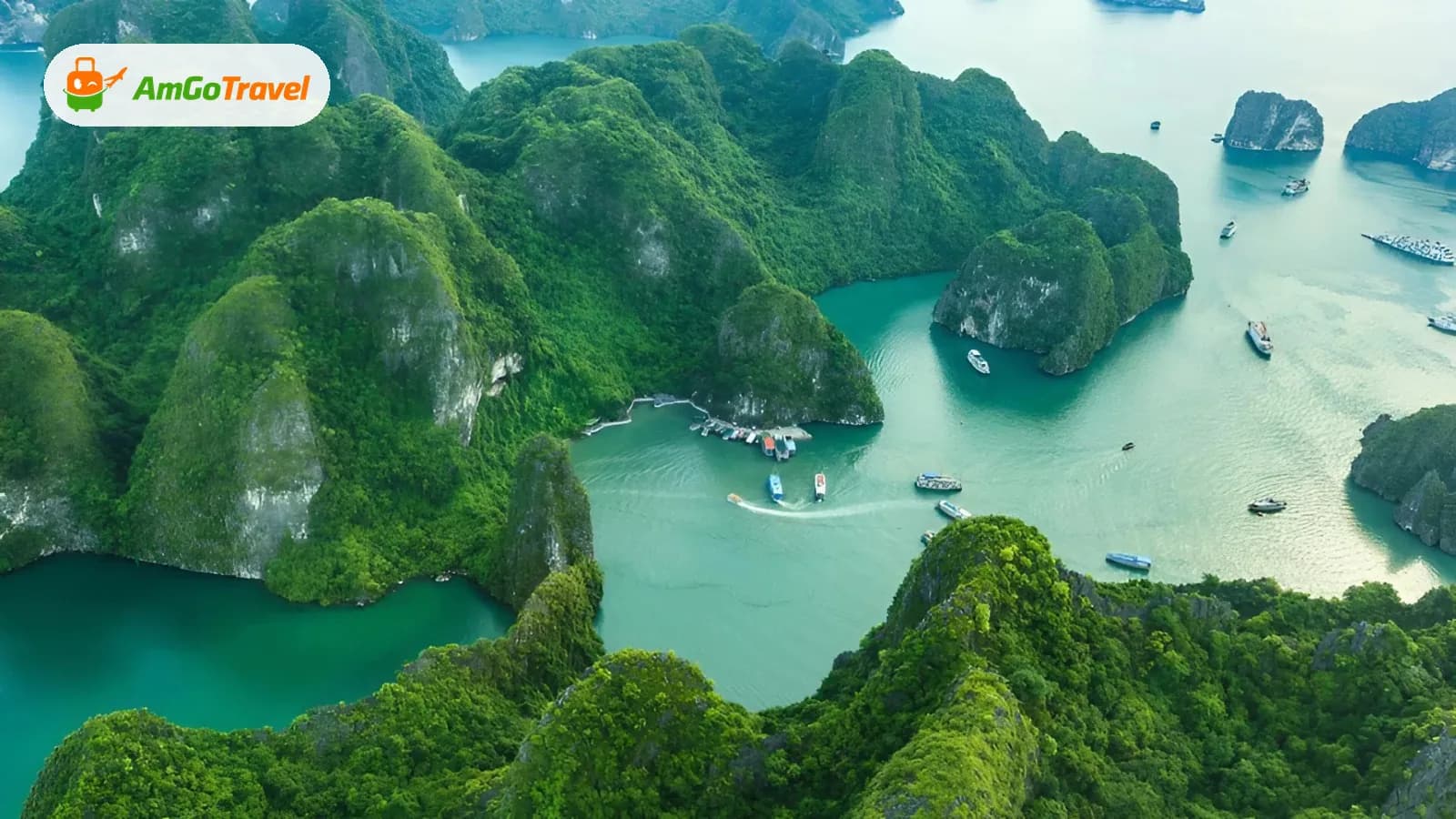 Aerial view of emerald waters among Ha Long karsts