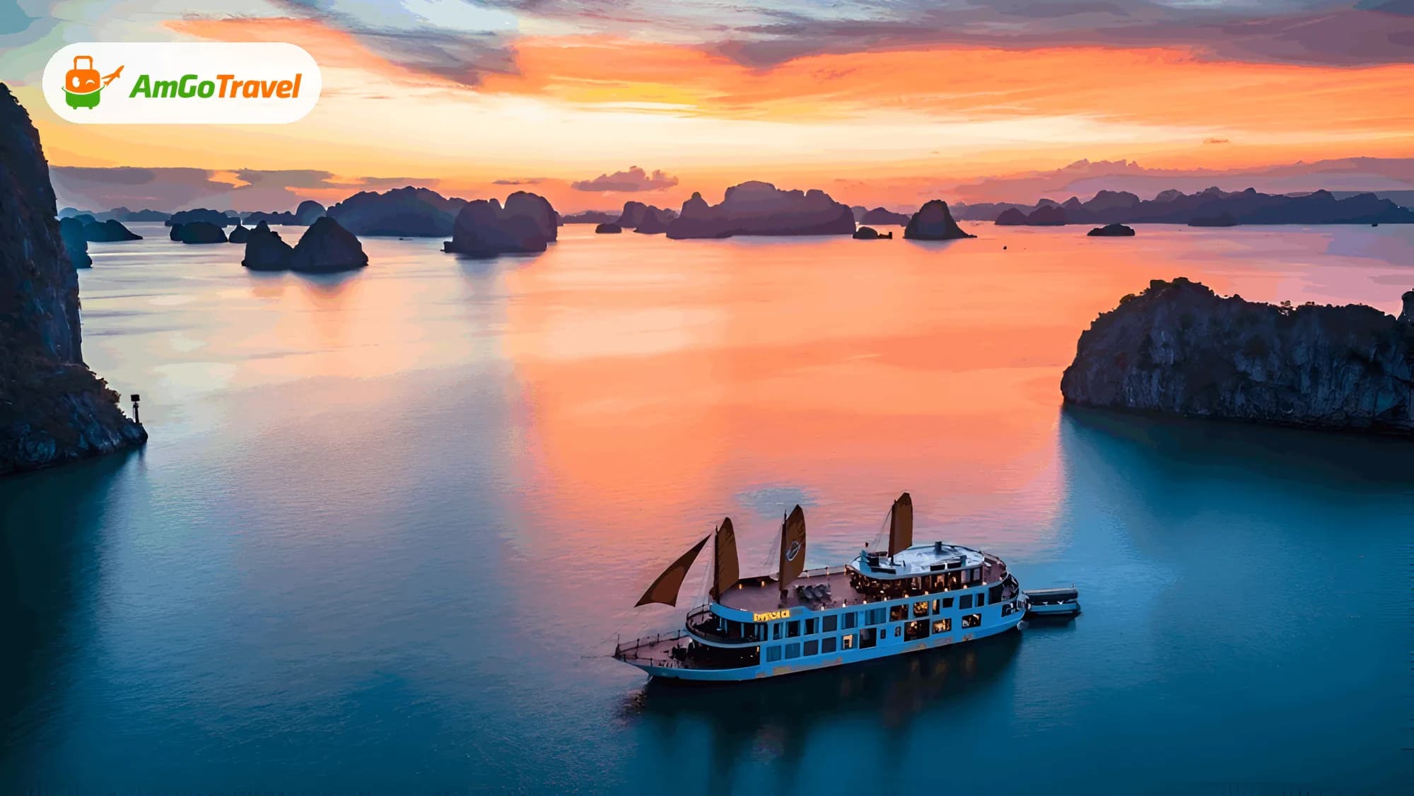 Cruise ship on calm bay at fiery sunset