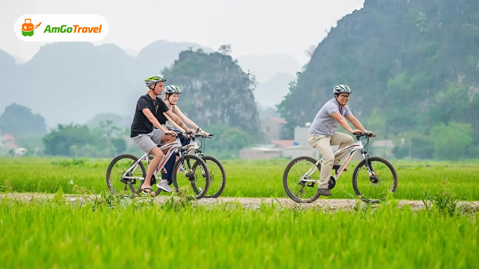 Cyclists riding through rice fields below karsts