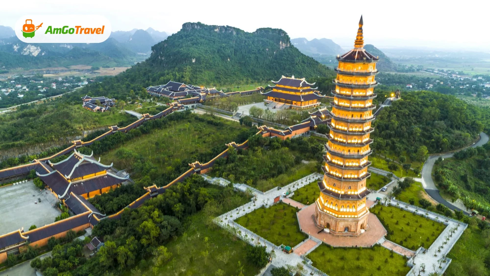 Aerial view of Bai Dinh pagoda tower and complex