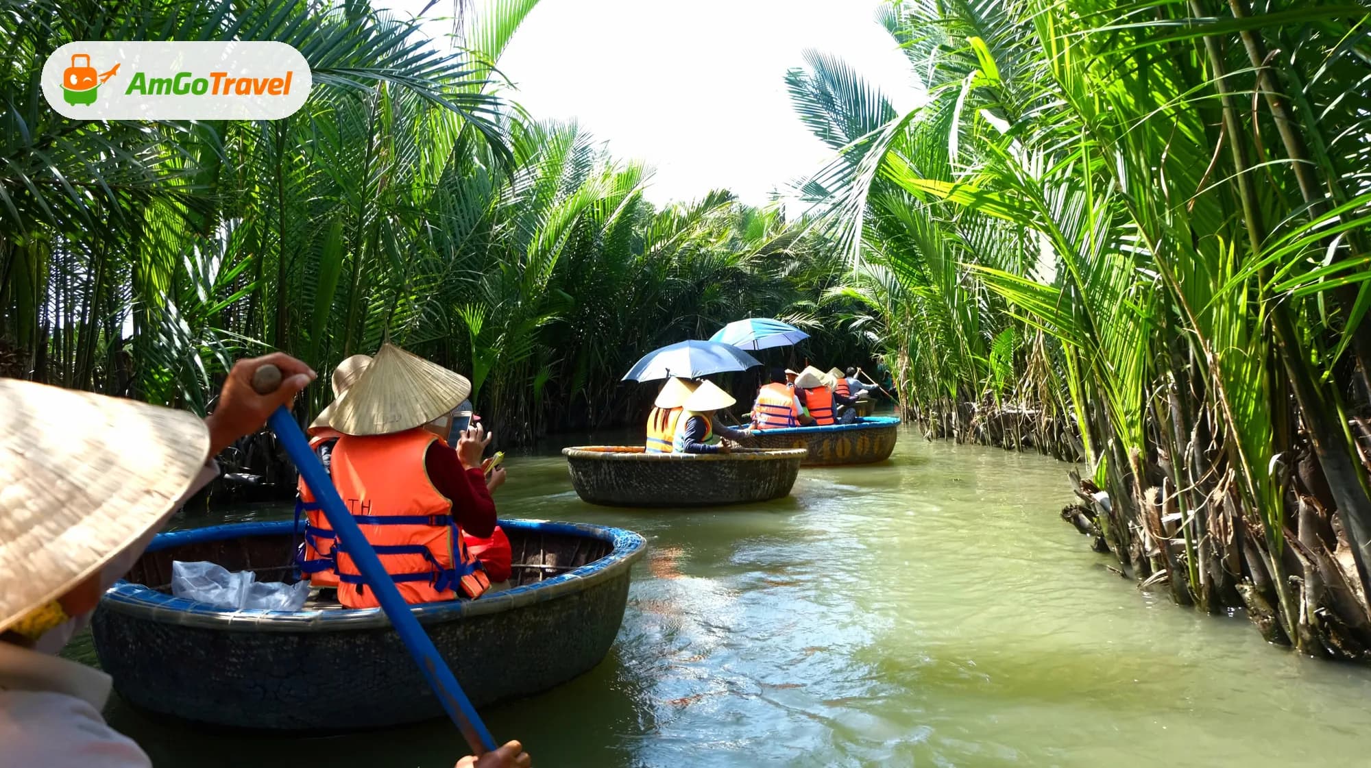 Basket boats gliding through Cam Thanh coconut palm canals